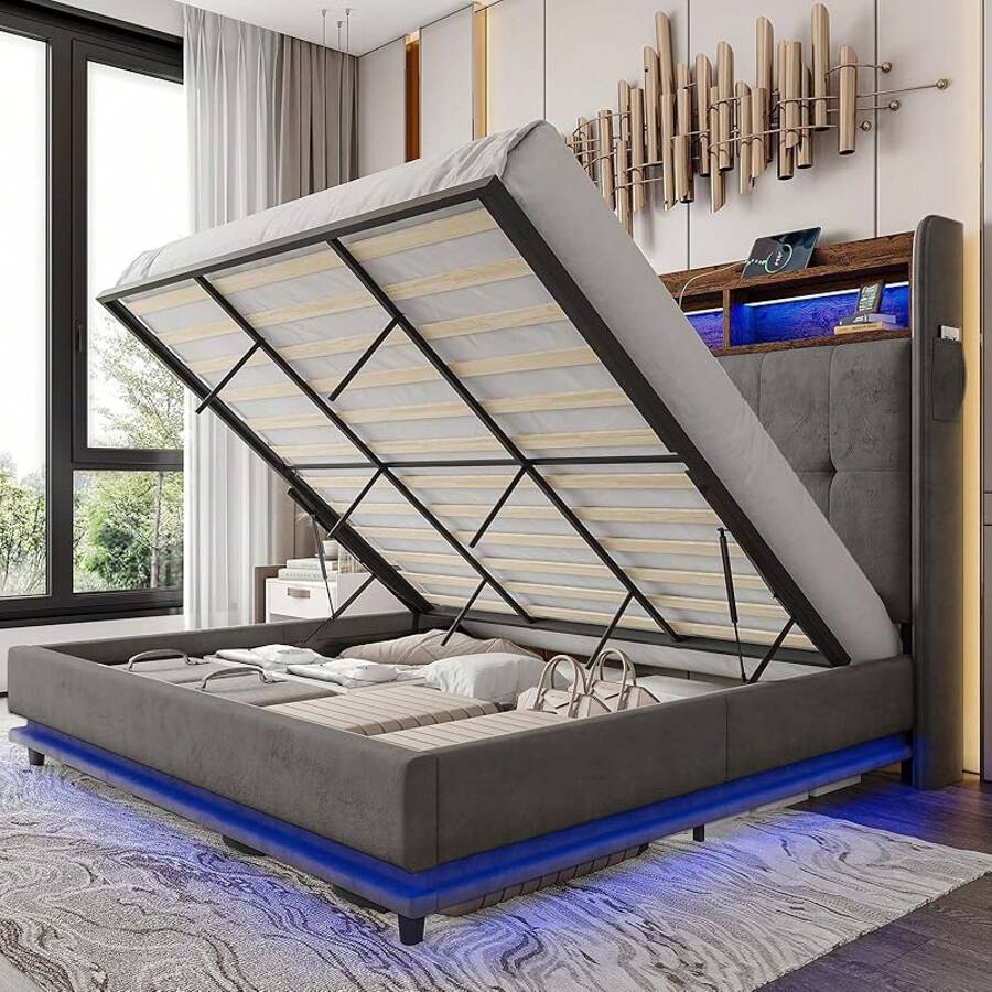 PLAUIN Estructura de cama con almacenaje y elevación hidráulica, con estantería incorporada y cabecero con diseño de terciopelo de alas, iluminación LED RGB, sin necesidad de caja de resortes