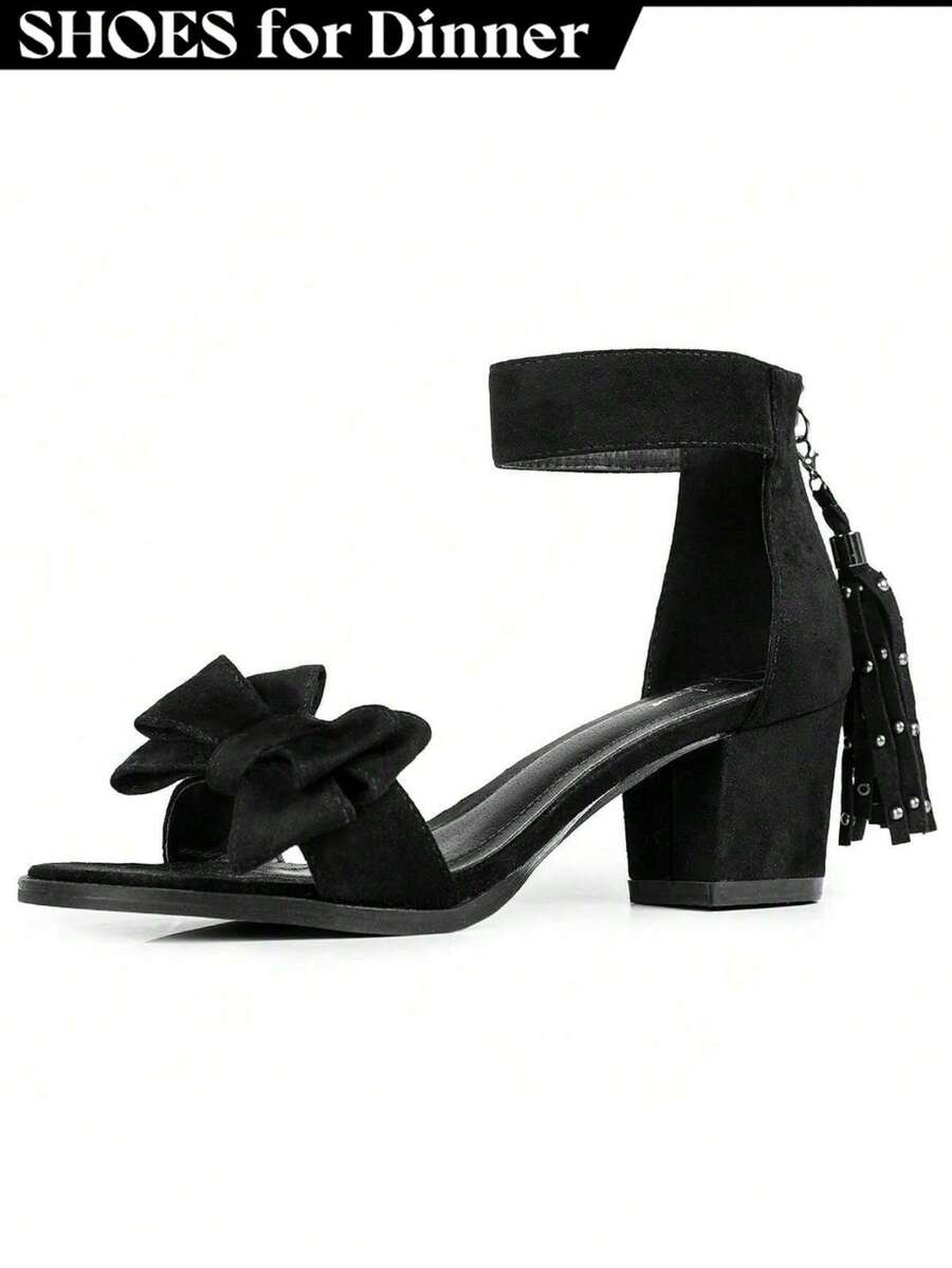 Tacones con tirantes para mujeres - Sandalias negro con lazo y borla, perfectas para festivales de música y salir de noche