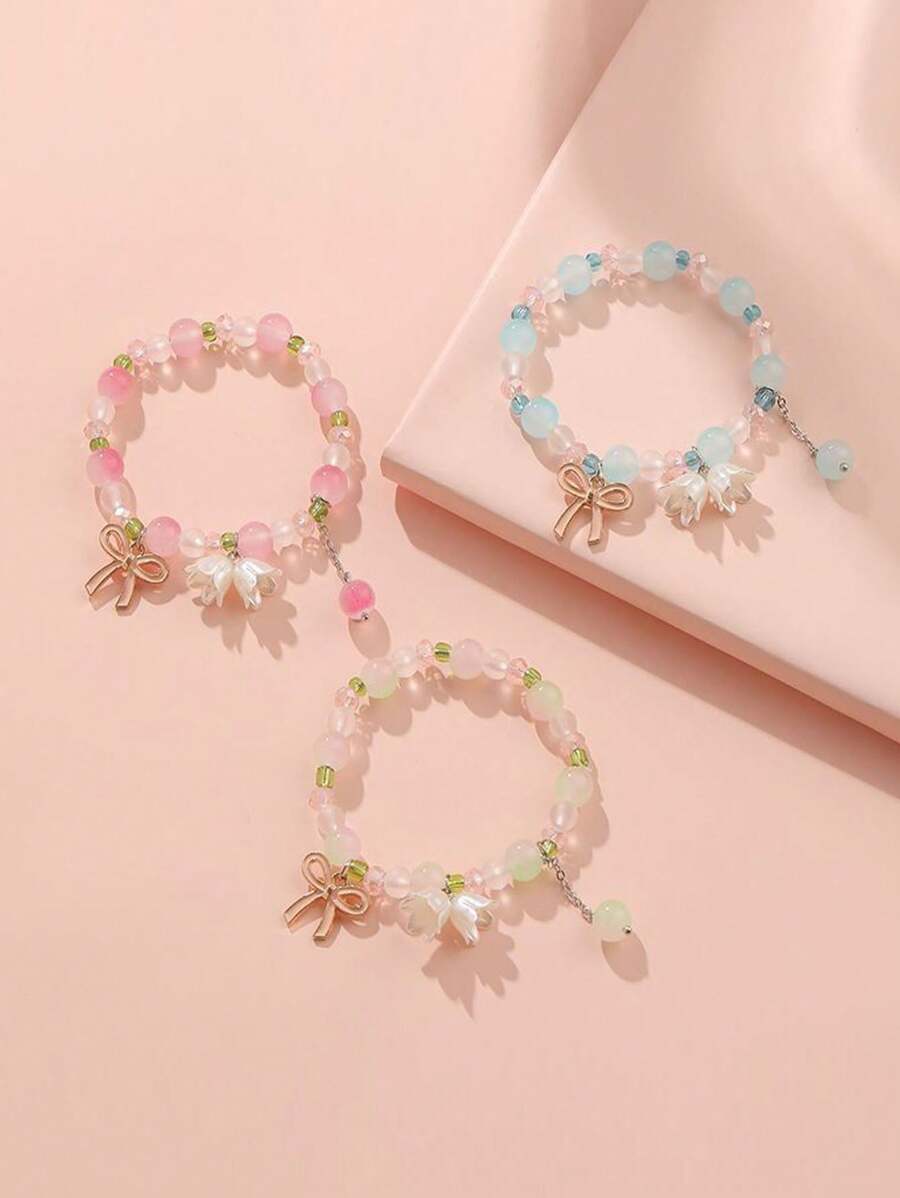 Set de 3 pulseras de mujer con cuentas, cristales y orquídeas, adecuado para atuendos diarios, regalo de pulseras para mejores amigas