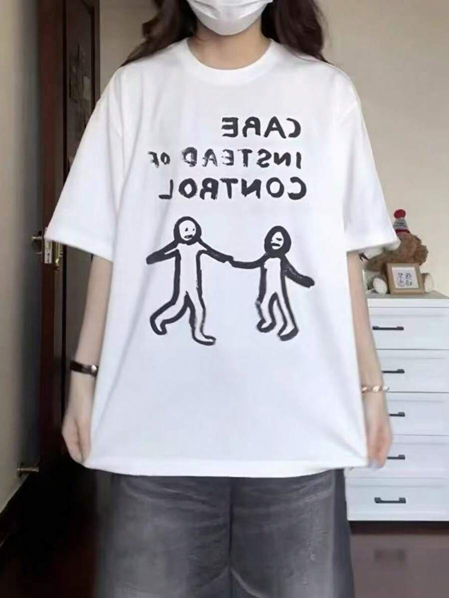 Women's Loose Black Printed T-Shirt - Short Sleeves, Loose Fit, Machine Washable, Japanese Text, Panda Pattern Design