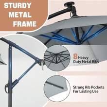 OYAJIA Cantilever Garden Parasol With Solar-Powered LED Lights, 3 M Banana Patio Umbrella With Cross Base, Crank For Opening Closing, Sunshade With Protection UPF 50+, Grey