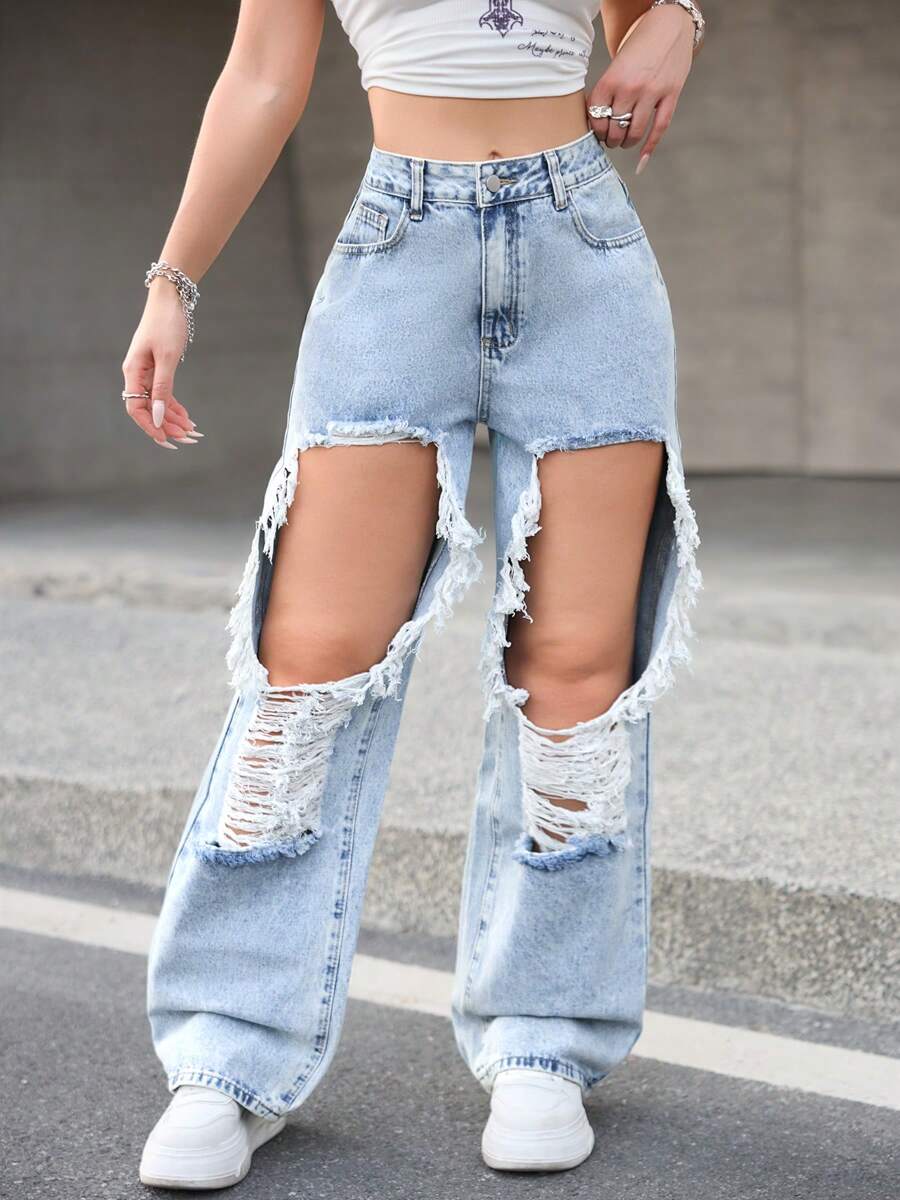 Calça jeans feminina reta e larga com estampa floral azul desgastada