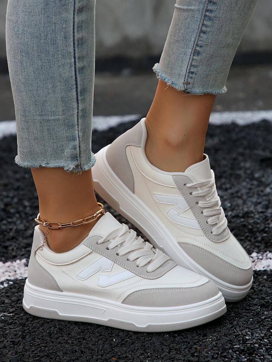 1 Par de Tênis Estilosos e Simples de Mulher em Bloco de Cores Brancos, Sapatos Casuais de Moda Leves, Antiderrapantes e Confortáveis, Versáteis para Ir e Vir, Lazer, Esportes, Exterior, Novos Lançamentos 2025
