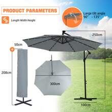 OYAJIA Cantilever Garden Parasol With Solar-Powered LED Lights, 3 M Banana Patio Umbrella With Cross Base, Crank For Opening Closing, Sunshade With Protection UPF 50+, Grey