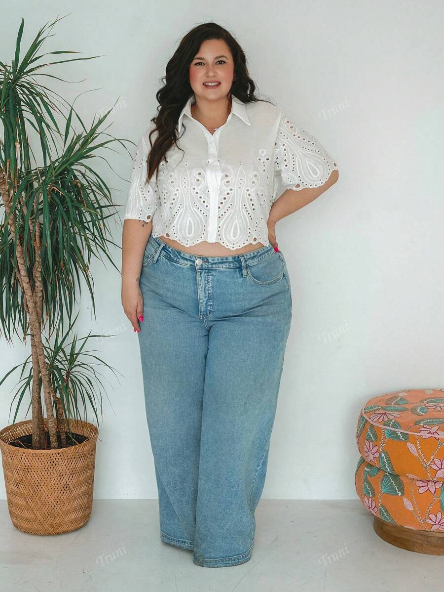 Truni Plus Size Hollow Out Embroidered Solid Color Short Sleeve Shirt With Front Button Closure, Casual Summer