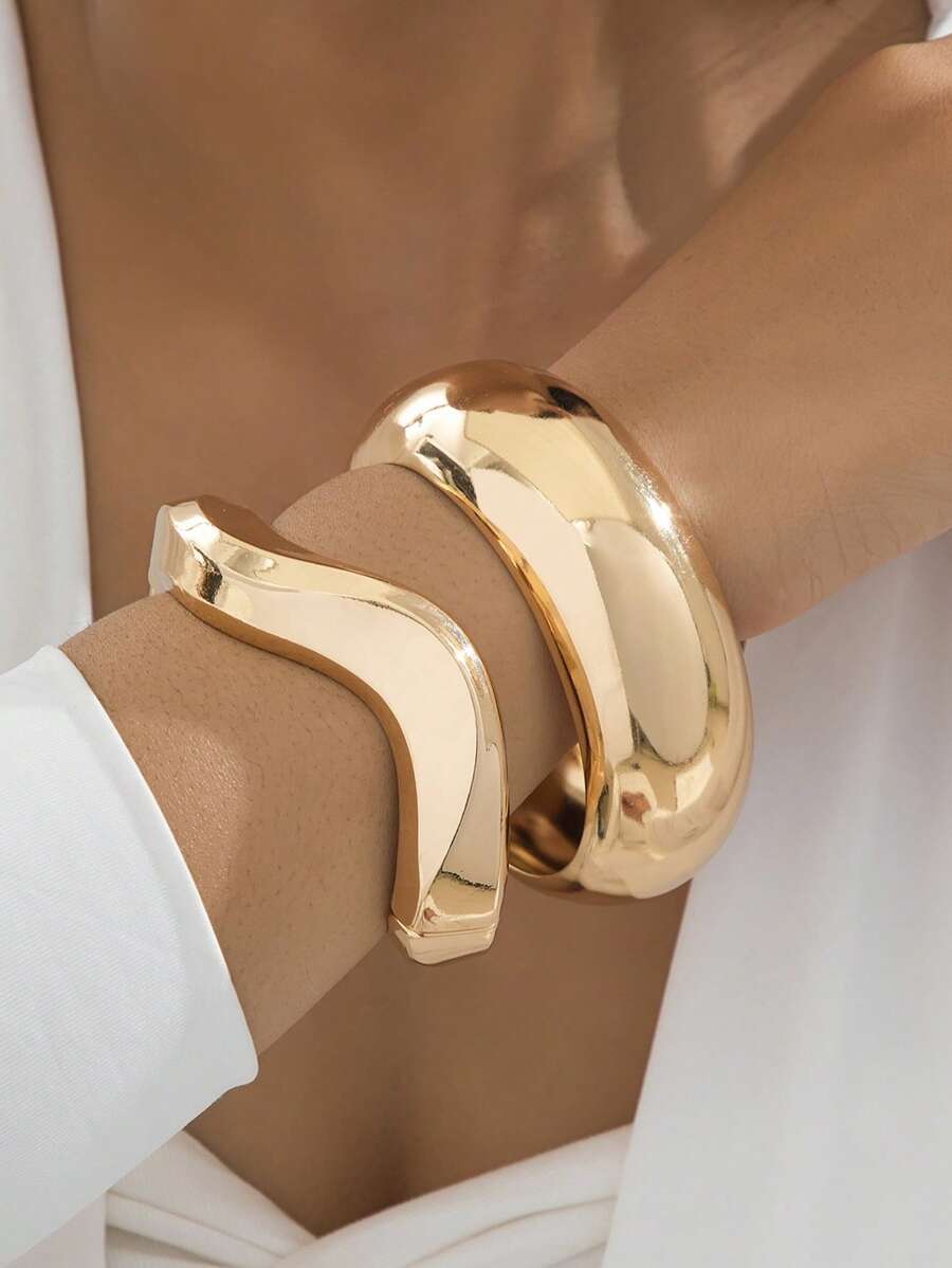 2 pièces Set de bracelets jonc dorés ronds luxueux et , convenant aux femmes, applicable pour soirée, rendez-vous, rassemblement et cadeaux de fête