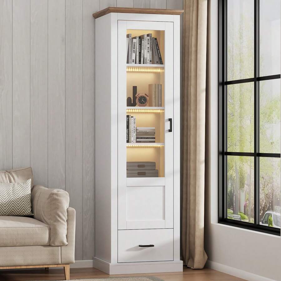 okwish Vitrina, aparador, aparador alto, mueble auxiliar, mueble de almacenaje, con mando a distancia de 16 colores y cajón y 5 compartimentos, vitrina alta de cristal, color blanco