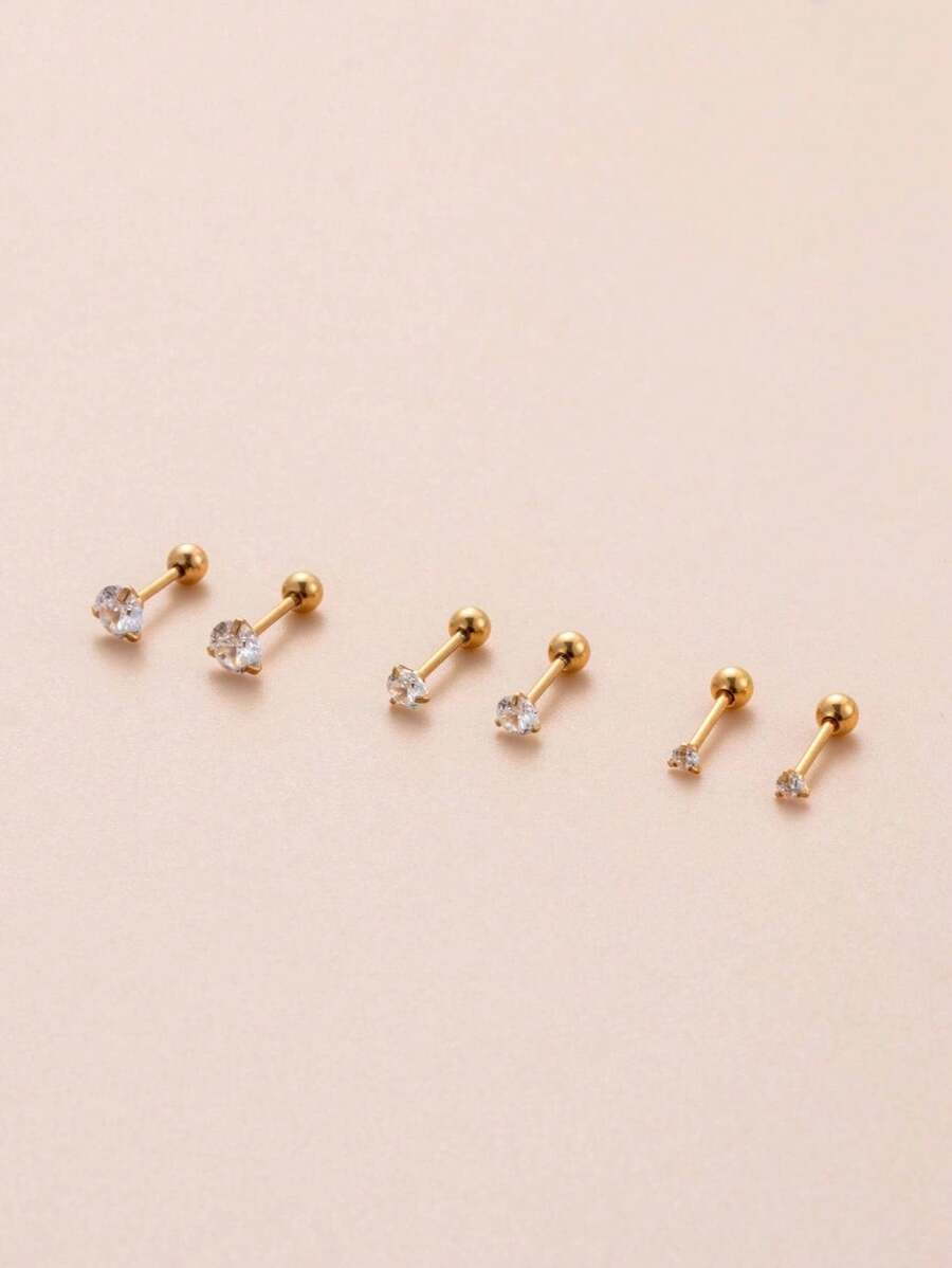 3 pares de pendientes de cartílago minimalistas y sofisticados de acero inoxidable con zirconia redonda para perforaciones pequeñas