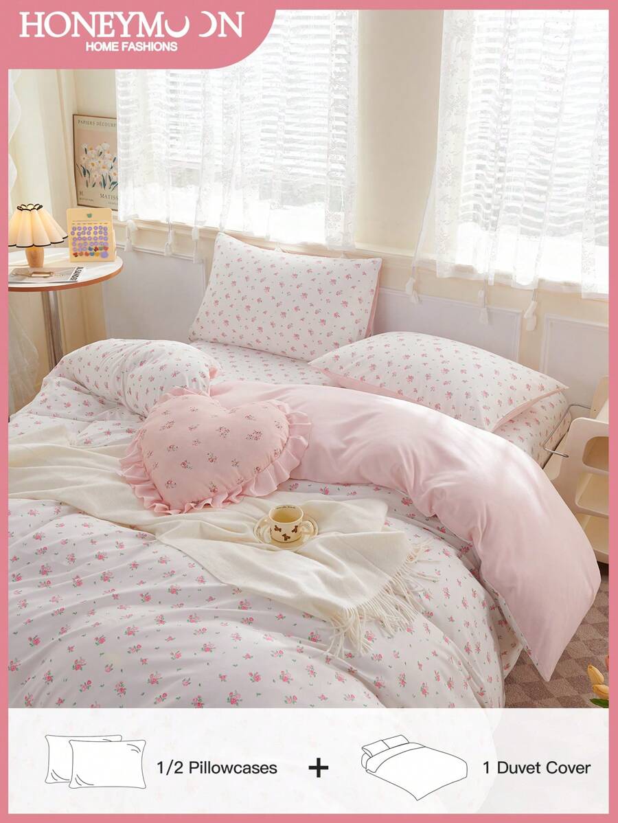 2/3pcs Vintage Style Pink Floral Print Duvet Cover , Soft Microfiber White Pink Floral Bedding Set Girls Flower Botanical Duvet Cover With 4 Ties And Button Closure Aesthetic Garden Floral Comforter Cover With 1/2 Pillowcases(No Comforter), ,Good Gifts For Lover(No Comforter) Fit For Twin Full Queen King All Size.For Home Bedding And School Bedding Dorm Essentials