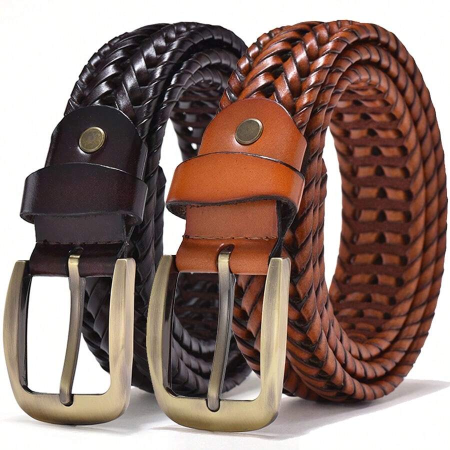 Men Genuine Leather Braided Belts Webbing High Quality Braided Vintage Belt For Men Gold Pin Buckle Casual For Jeans Strap