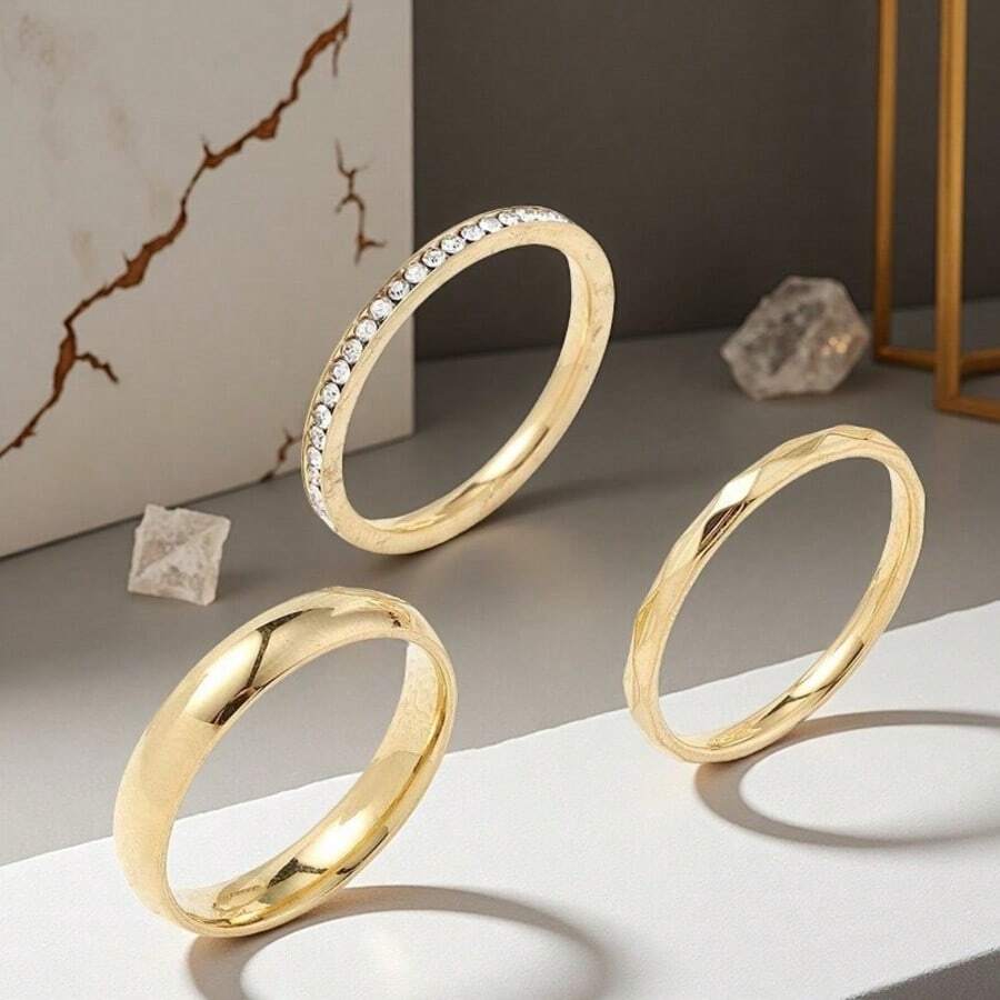 Set de 3 anillos de mujer de 3mm de aleación de acero inoxidable y color dorado con diamantes, anillos de pareja aptos para uso diario, reuniones, fiestas, regalo del Día de San Valentín