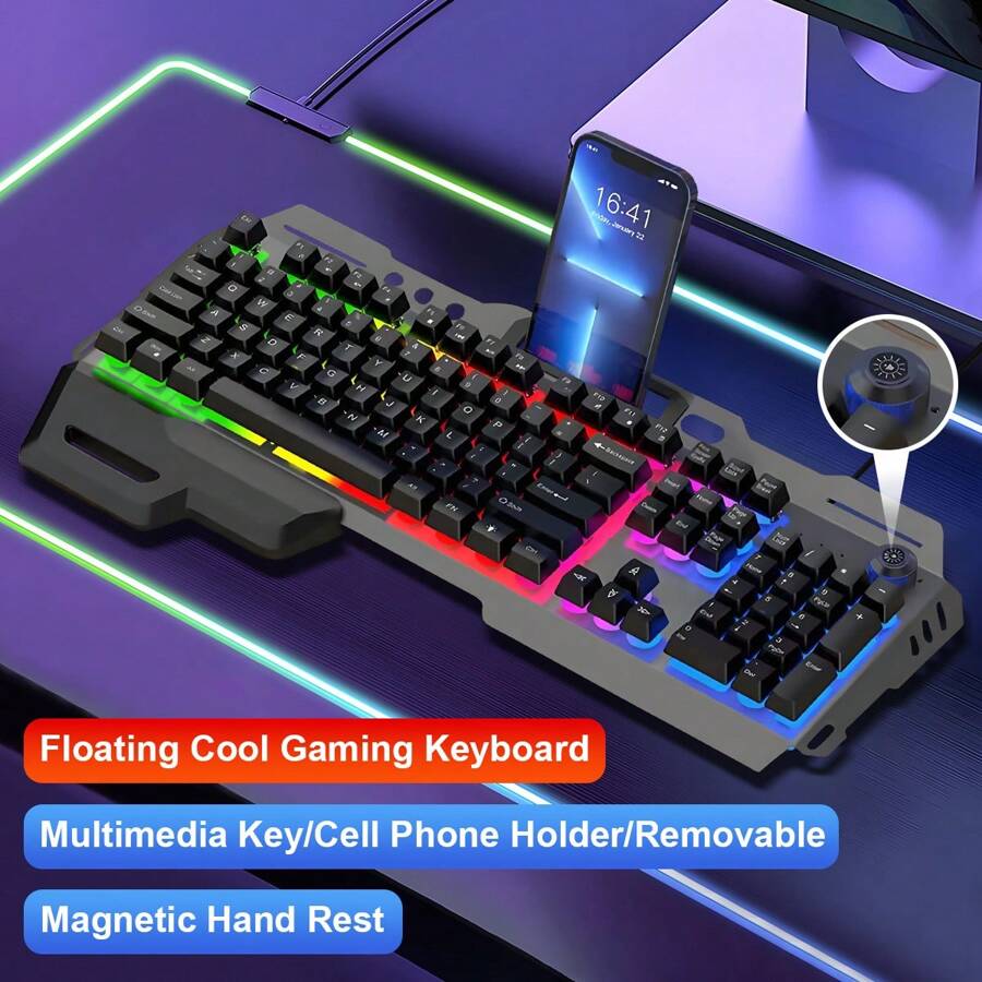 Wired 104 Keys Rainbow RGB Backlit Gaming Mechanical Keyboard, Metal Volume Knob, Multimedia Keys, With Phone And Lighter Holder, Free Removable Wrist Rest, Thickened Metal Panel, For Windows Laptop PC , Gaming Office Universal, Black