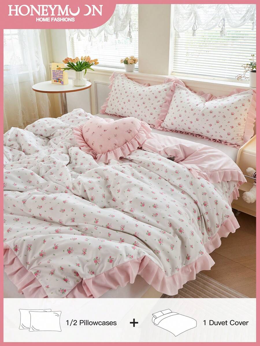 2/3 pièces Ensemble de housse de couette style romantique français, ensemble de housse de couette imprimé de roses charmantes, 1 pièce de couette avec 1/2 pièces de taies d'oreiller, doux et respirant, élégant et charmant couvre-lit décoratif pour chambre à coucher ou dortoir, convient parfaitement aux lits simples, doubles, queen et king