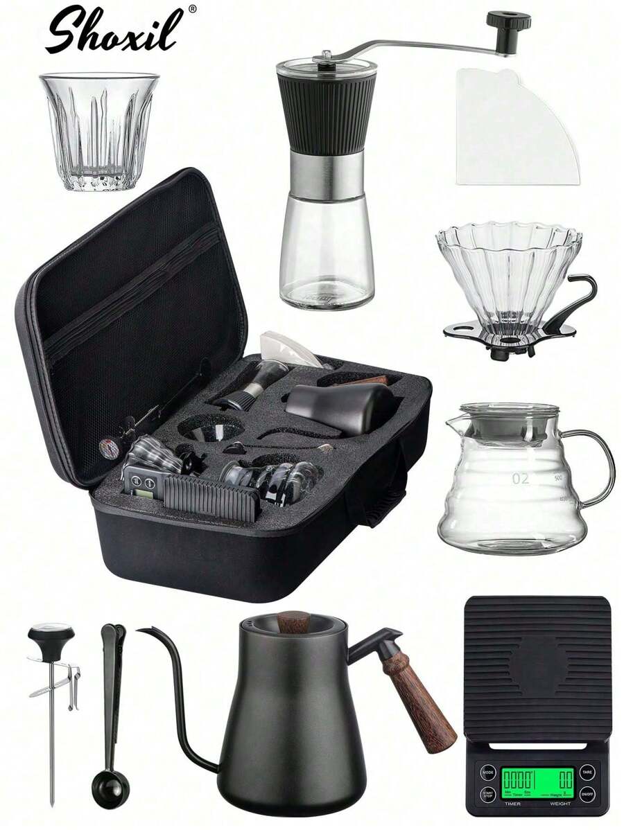 shoxil طقم القهوة V60، طقم قهوة بنظام الصب، طقم قهوة قطارة V60 مع علبة حمل محمولة، إبريق قهوة سعة 850 مل مع ميزان حرارة، إناء قهوة قطارة، فلاتر، ميزان قهوة، كوب مزدوج الجدار، مطحنة قهوة يدوية