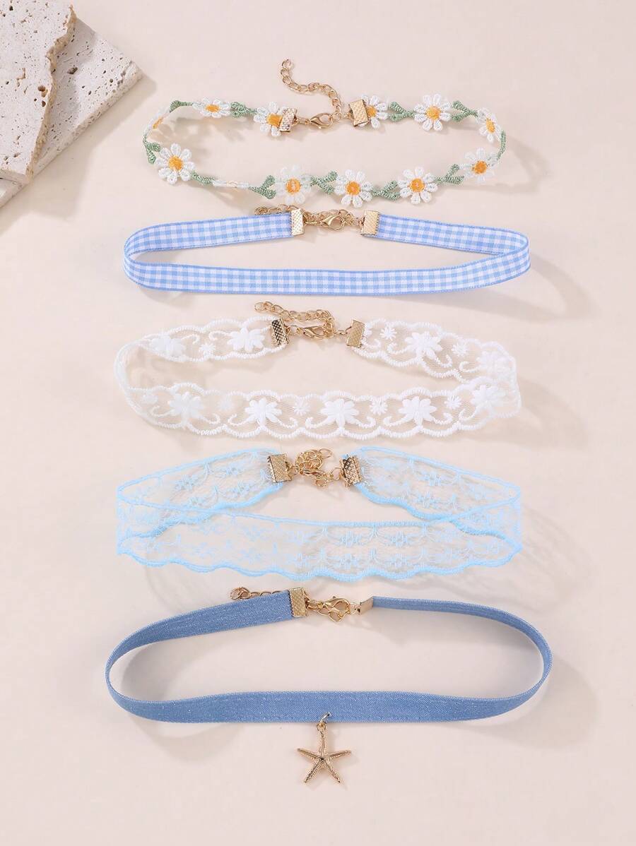 Set de 5 collares gargantilla con flores y encaje de colores, accesorios de uso diario para niñas