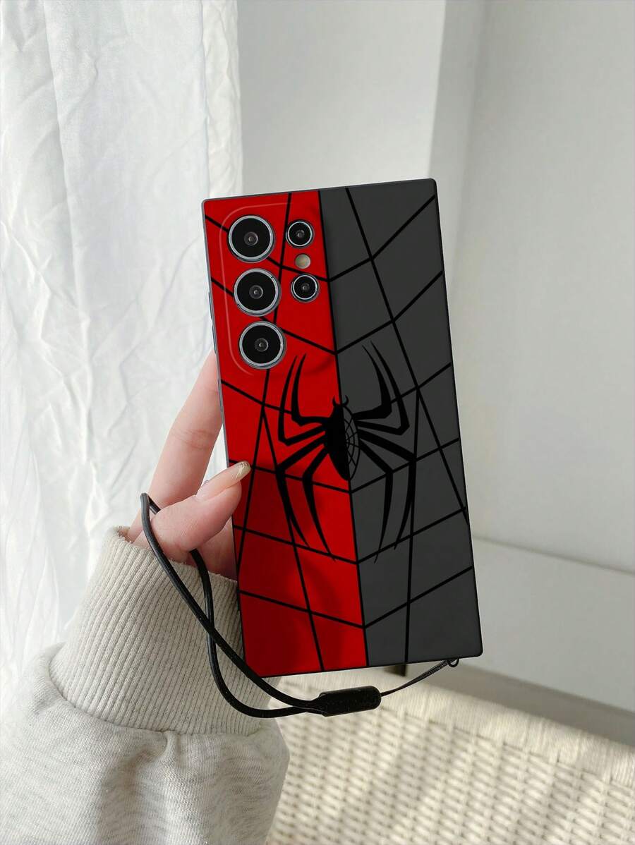 1 pieza Funda de teléfono de unicolor con gráfico de araña de TPU y 1 pieza Cordón de silicona de unicolor, compatible con iPhone/teléfonos Android, protectora y de moda