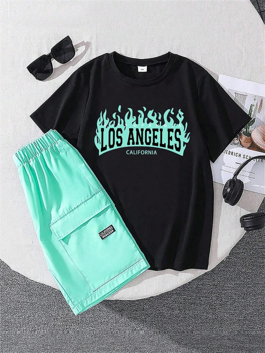 Boys Letter Print Short Sleeve T-Shirt And Woven Letter Patch Shorts Set
