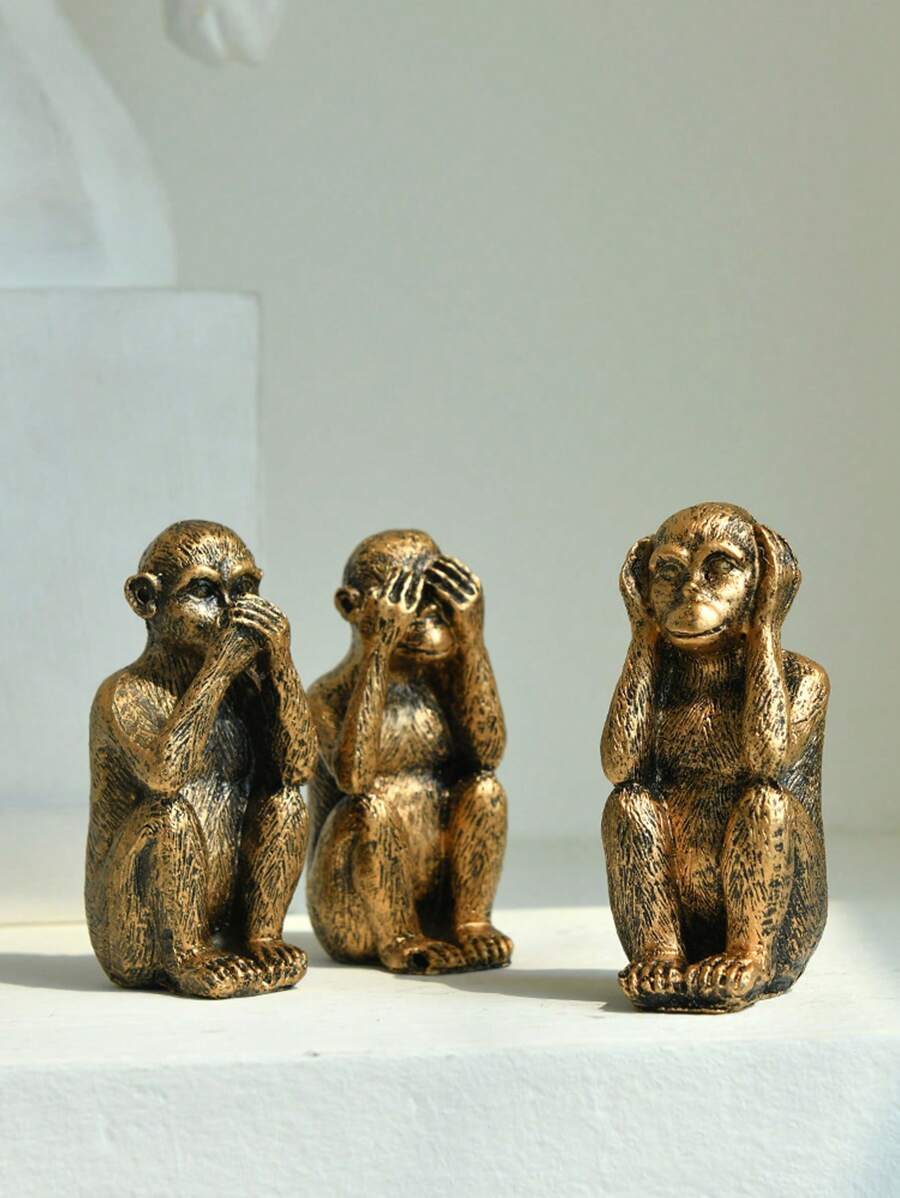 1/3 Wise Silver Monkey Statue For Home Decor, Hear No Evil, See No Evil, Speak No Evil Figurine For Living Room Bohemian Style Desk Modern Desktop Decor, Monkey Gift Stand Decoration