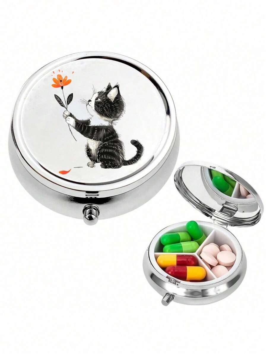 3 Compartment Portable Rotundity Storage Room, There Is A Pattern Of A Kitten Holding Flowers Printed On It, Cute Mini Metal Storage Box, Portable Jewelry And Pill Box,Suitable For Travel, Outdoor Activities, Bags, Pockets, Used For Wedding Gifts, Gifts And Reception Decoration, Uniquely Designed Decorative Travel Storage Box, Perfect For Travel, Compact Design, Easy To Use, Suitable For Medication Management/All Age Groups