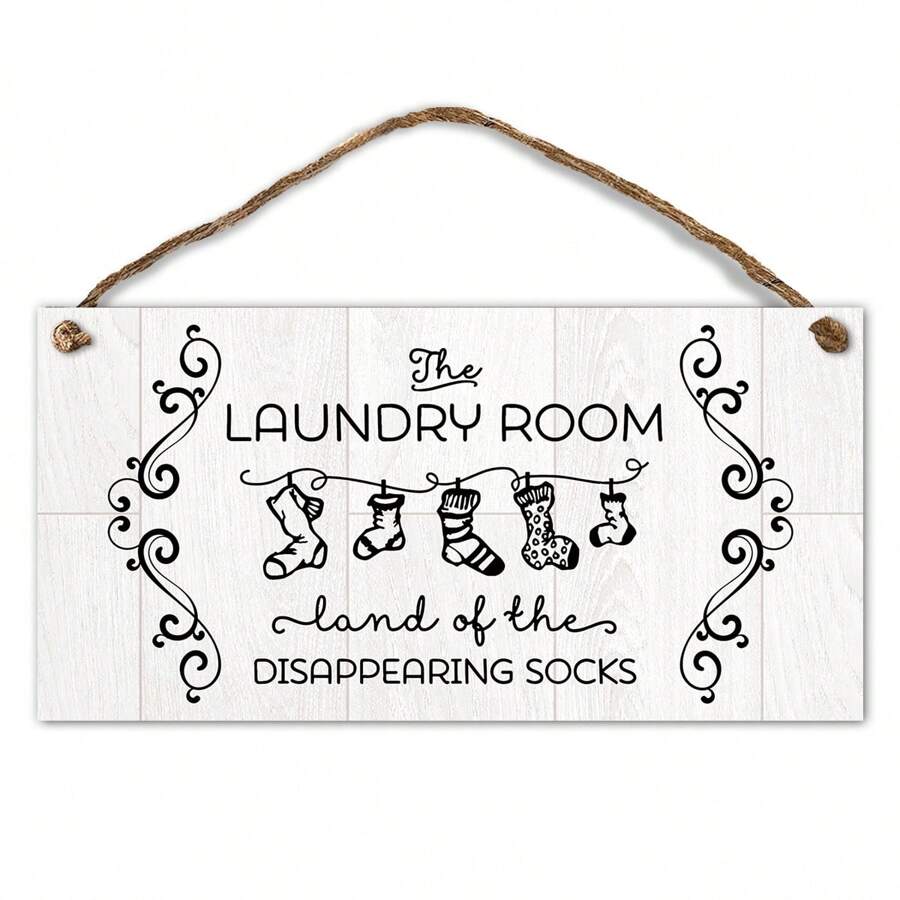1pc Rustic Wooden Laundry Room Sign - 'Land Of The Disappearing Socks' Hanging Plaque - Versatile Wall Decor For Home, Bathroom, Washhouse, Easy To Hang With Rope Room Decor Bedroom Decor Home Decor