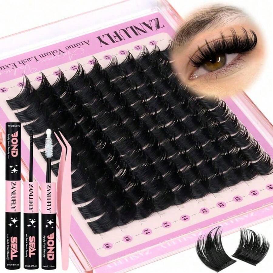 Zanlufly Lash Clusters KIt D Curly Lash Extension Kit Volume Thick Eyelash Extension Kit Individual Lashes Kit