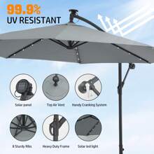 OYAJIA Cantilever Garden Parasol With Solar-Powered LED Lights, 3 M Banana Patio Umbrella With Cross Base, Crank For Opening Closing, Sunshade With Protection UPF 50+, Grey