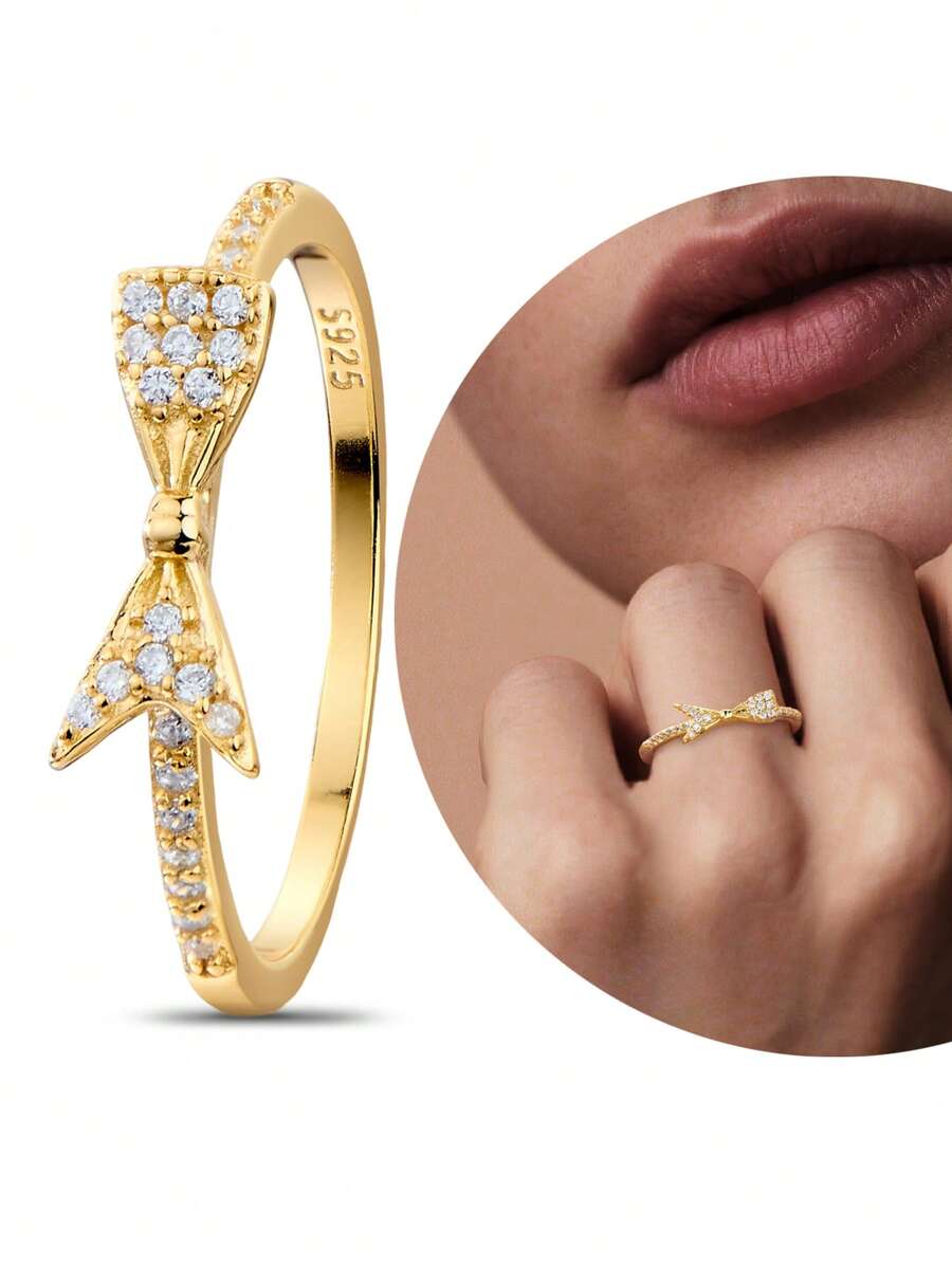 1Pc Exquisite S925 Silver White Cubic Zirconia Bowknot Ring For Women Daily Decor,Perfect Gifts For Birthday,Women Fine Jewelry