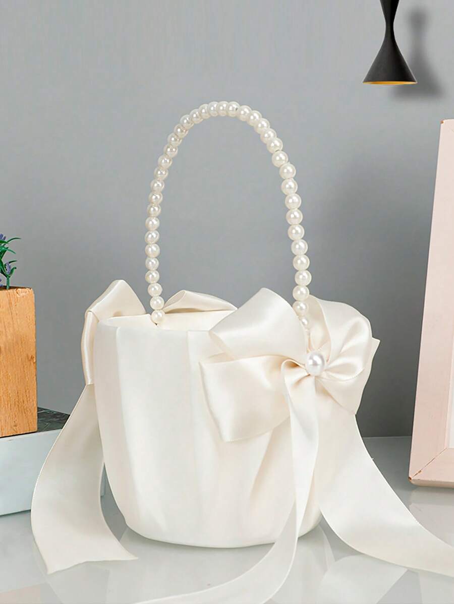 1 coș cu flori pentru fetițe cu mâner de perle albe, accesorii de nuntă potrivite pentru orice nuntă, coș cu flori portabil cu perle albe, coș cu fundă din satin alb pur în stil occidental pentru nuntă, coș cu flori pentru aruncarea florilor, coș cu flori pentru mireasă și domnișoare de onoare, accesorii de nuntă în stil nou, coș cu flori portabil pentru mireasă și domnișoare de onoare