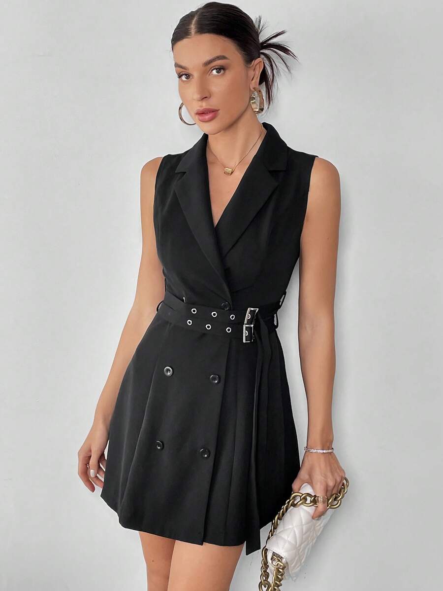 Conjunto de Vestido Formal Elegante Feminino com Cintura Ajustada e Cruzado, sem Mangas