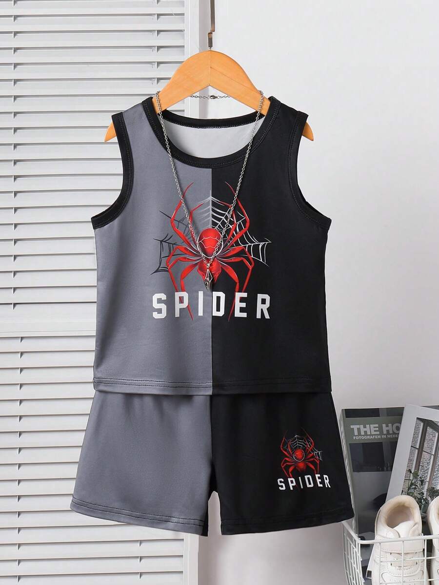 Set de 2 piezas de camiseta sin mangas y shorts estampados con diseño de araña, de estilo deportivo y casual, para niños pequeños, para verano
