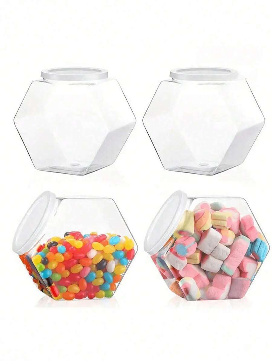70/30 Oz Hexagonal Candy Jar With Lid, Clear Plastic Jar, Coffee Candy Display Bottle, Polished Metal Finish For Valentine's Day, Easter, Thanksgiving, Ideal Storage Container For Snacks, Cookies And Gifts, Kitchen Supplies Kitchen Decor