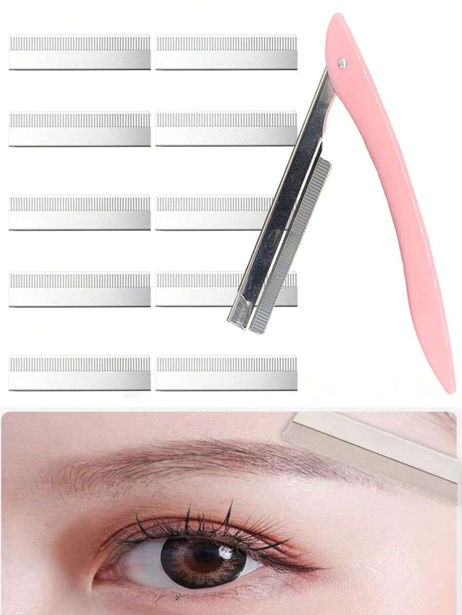 10 Pcs Replaceable Stainless Steel Eyebrow Trimmer Blade And 1 Pink Bracket Eyebrow Razor, Multipurpose Exfoliating Dermaplaning Tool For Face, Facial And Eyebrow Shaper Cover For Women Men, Easy To Use