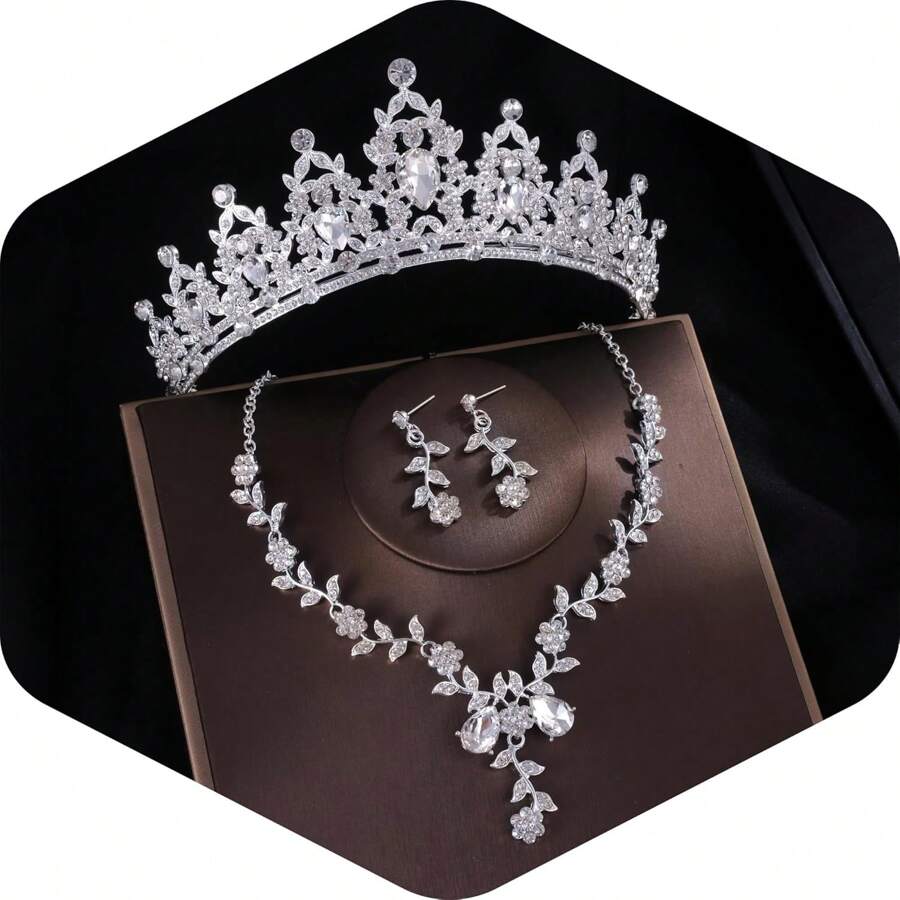 EBUDAE Tiaras y coronas para mujeres, conjunto de joyas nupciales de tiara, aretes y collar con cristales, accesorios de disfraz para fiesta, Halloween, baile de graduación y concursos de belleza