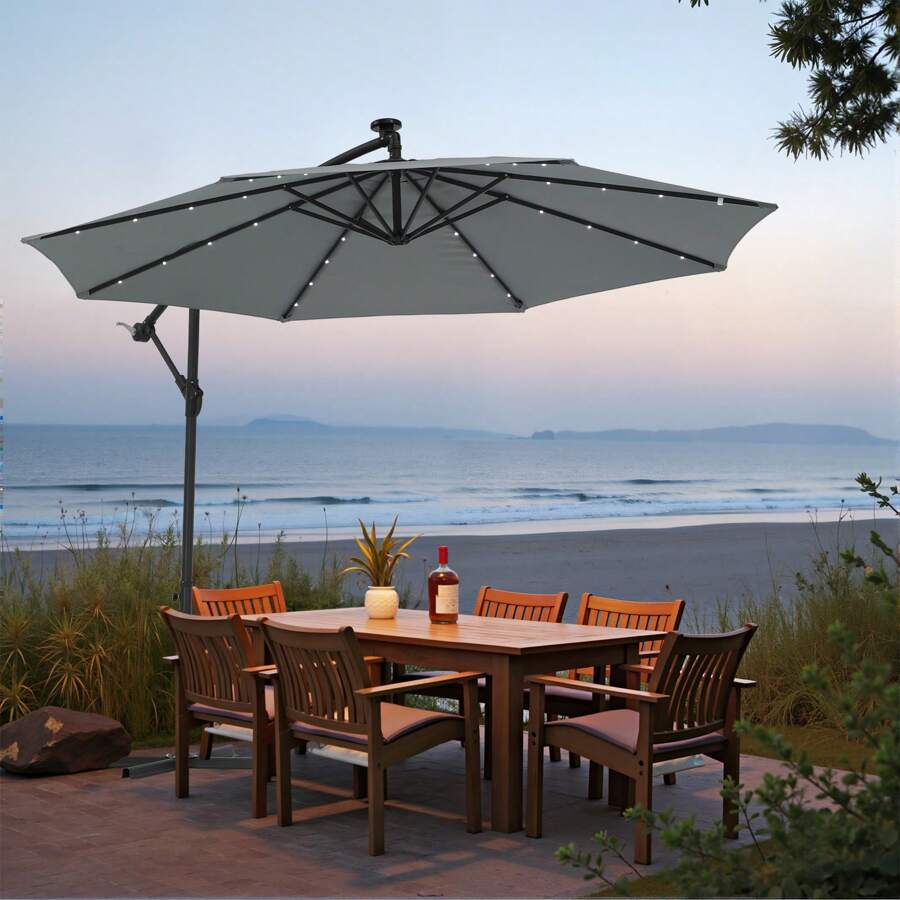 OYAJIA Cantilever Garden Parasol With Solar-Powered LED Lights, 3 M Banana Patio Umbrella With Cross Base, Crank For Opening Closing, Sunshade With Protection UPF 50+, Grey