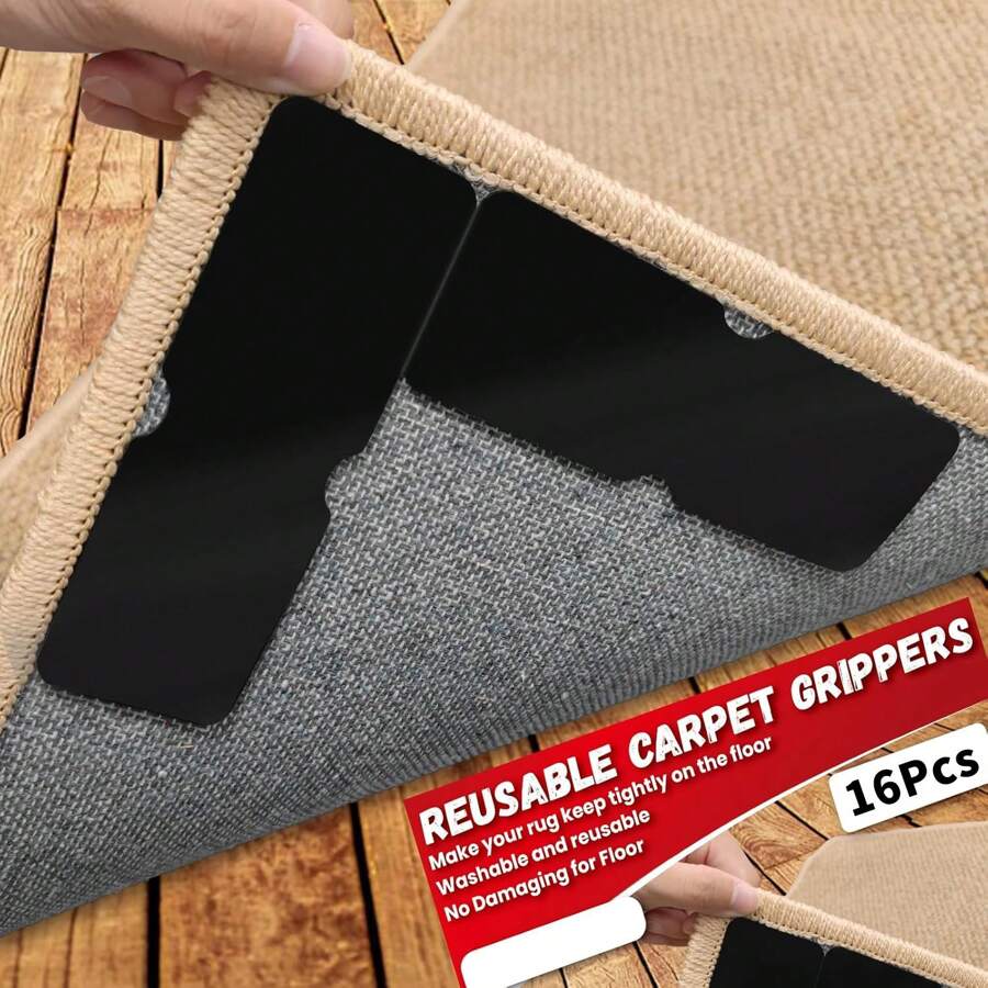 Rug Carpet Non Slip Grippers, Reusable And Washable Double Sided Carpet Tape Pads, Strong Adhesive Grippers For Area Rugs, Keep Corners Flat, No Damaging For Floor Removable, 4/8/16Pcs Room Decor Back To School