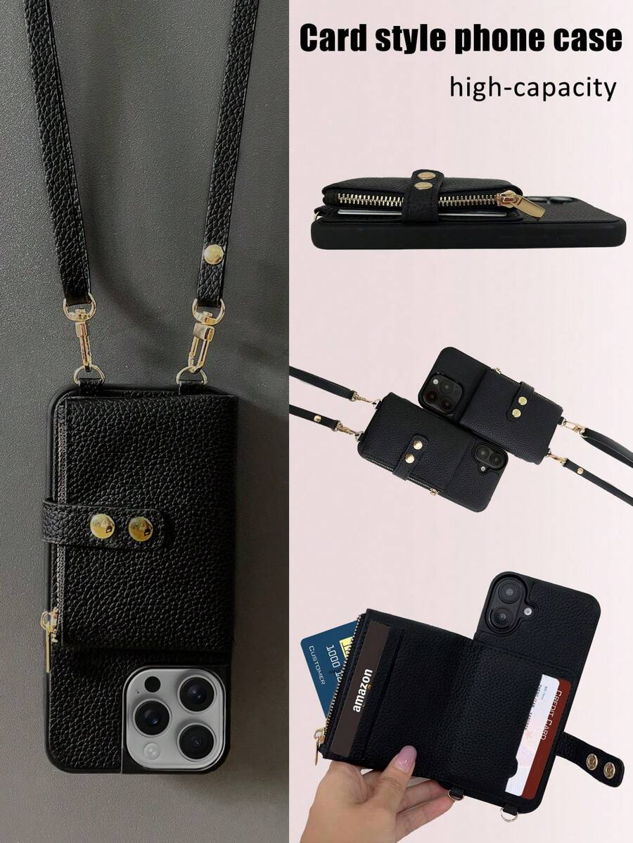 1pc Shoulder Strap Zipper Card Holder Phone Case, Solid Color Series Faux Leather, Women Large Capacity Wallet, Coin Pouch, Protective Case Compatible With IPhone 16/15/14Pro/13/12/11Pro Max, Anti-Drop & Wear-Resistant