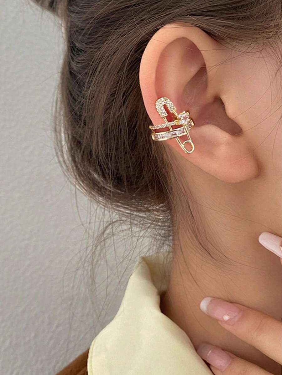1 pieza Pendientes de clip de metal de color dorado con doble capa y decoración de rhinestones para mujer, adecuado para citas, reuniones, fiestas, bailes y accesorios diarios de vestir