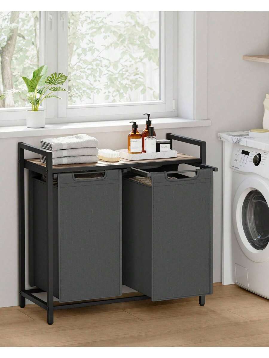 Laundry Basket, 2-Compartment Laundry Hamper, Pull-Out And Removable Laundry Bags, Laundry Sorter, Shelf, Metal Frame, 2 X 46L, 73 X 33 X 72 Cm, Grey