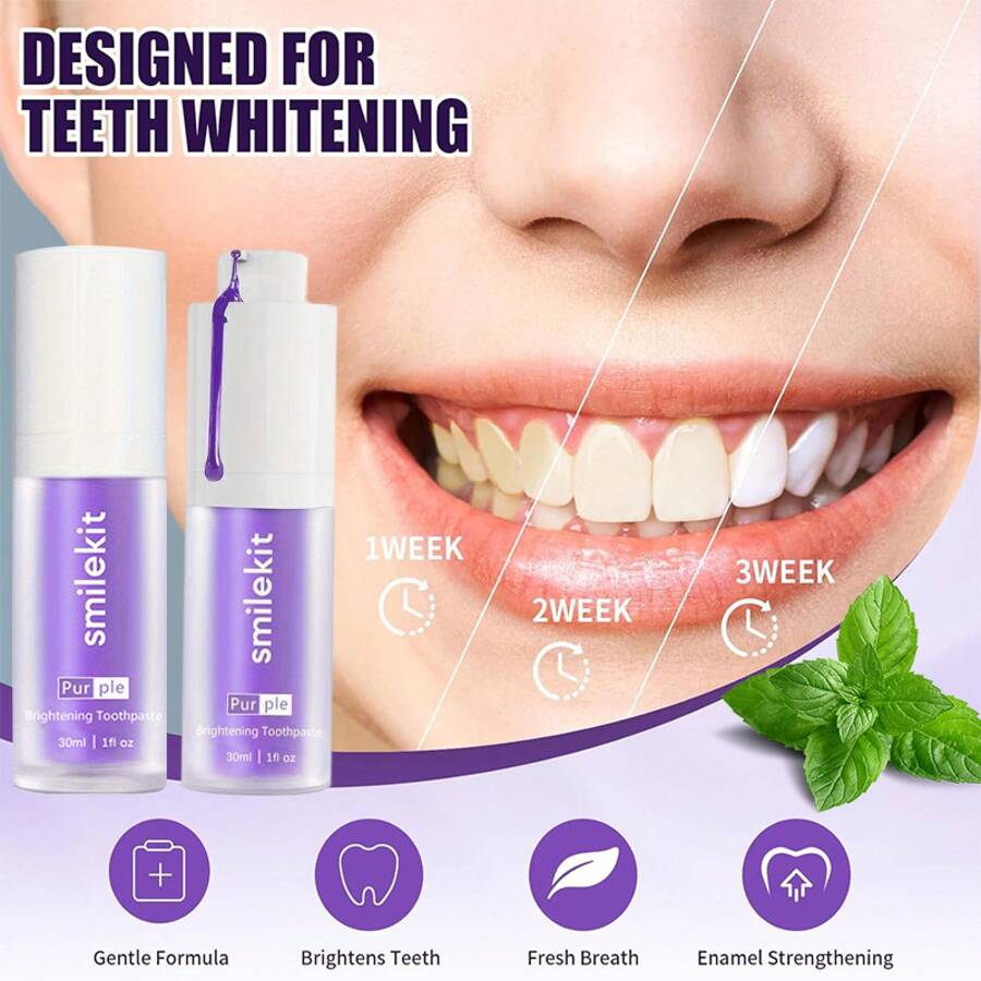 Purple Whitening Toothpaste, 1.01oz - Deep Clean & Fresh Breath, Minty Strawberry Flavor, Gentle On Gums, Portable For Travel, Fruit, Non-Spicy