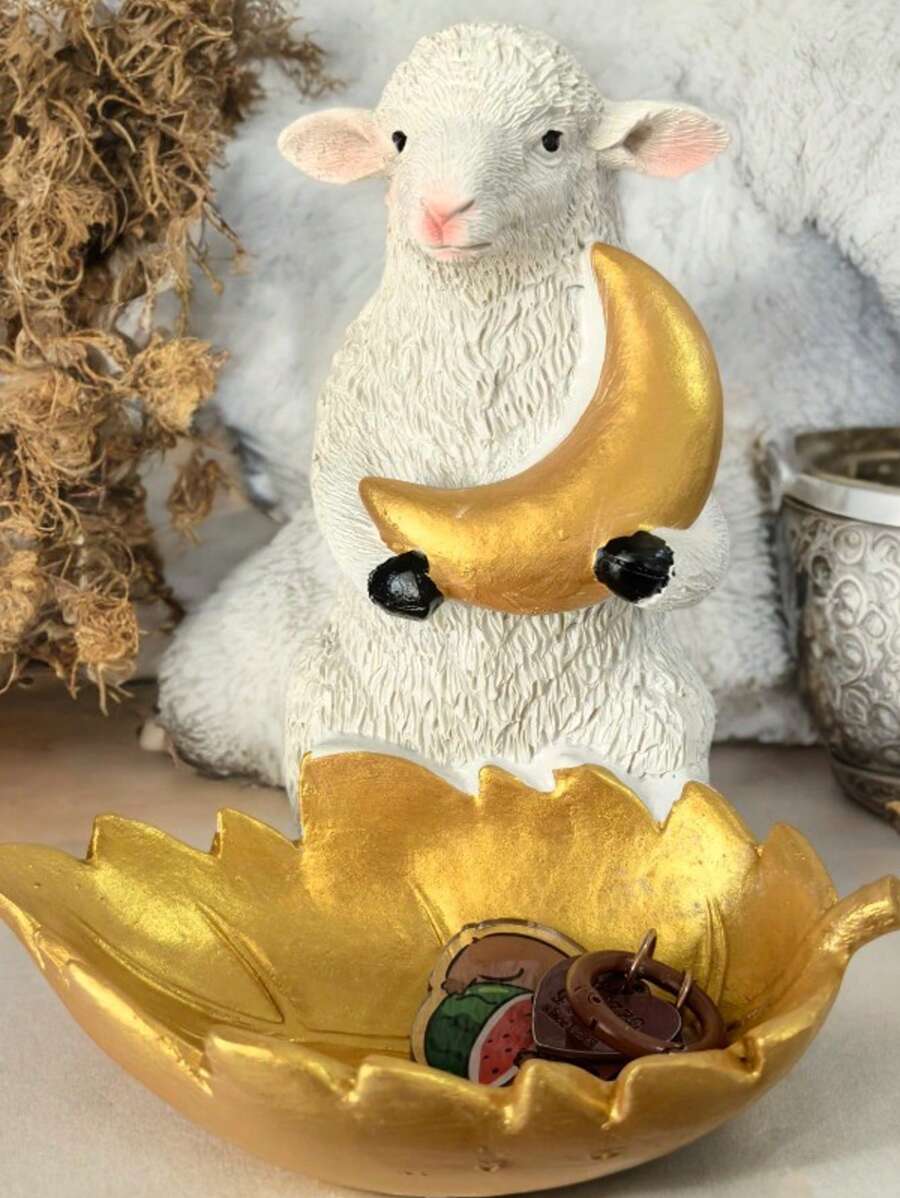 1 pièce Plateau décoratif en résine de style moyen-oriental avec une feuille dorée de mouton étreignant la lune, décoration pour la maison, décoration de l'Aïd al-Adha, rangement de bijoux, article de fête, figurine en résine