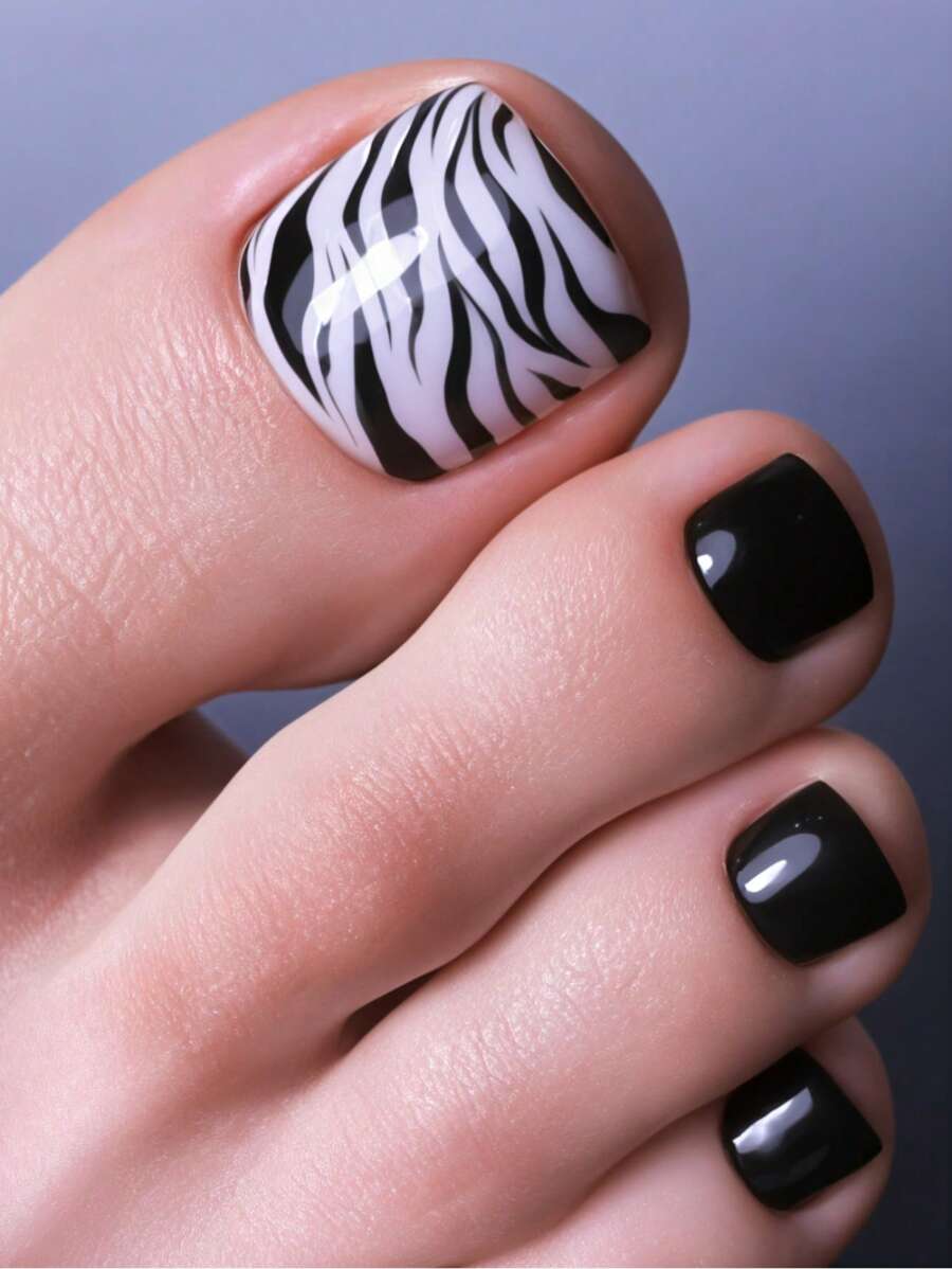 24 Peças Conjunto de Unhas Postiças de Formato Quadrado Curto Moderno na Cor Preta, Unhas dos Pés com Estampa de Zebra, Moldam-se Perfeitamente, Kit de Unhas Postiças Cobertura Total, Inclui 1 Peça folha de Adesivos e 1 Peça Mini Lima, Para Uso Diário, Escritório, Festas, Acessórios de Jóias Femininas, Dicas de Unhas Falsas, 1 Peça Lixa Tira, Gel Gelatina, Envio Aleatório