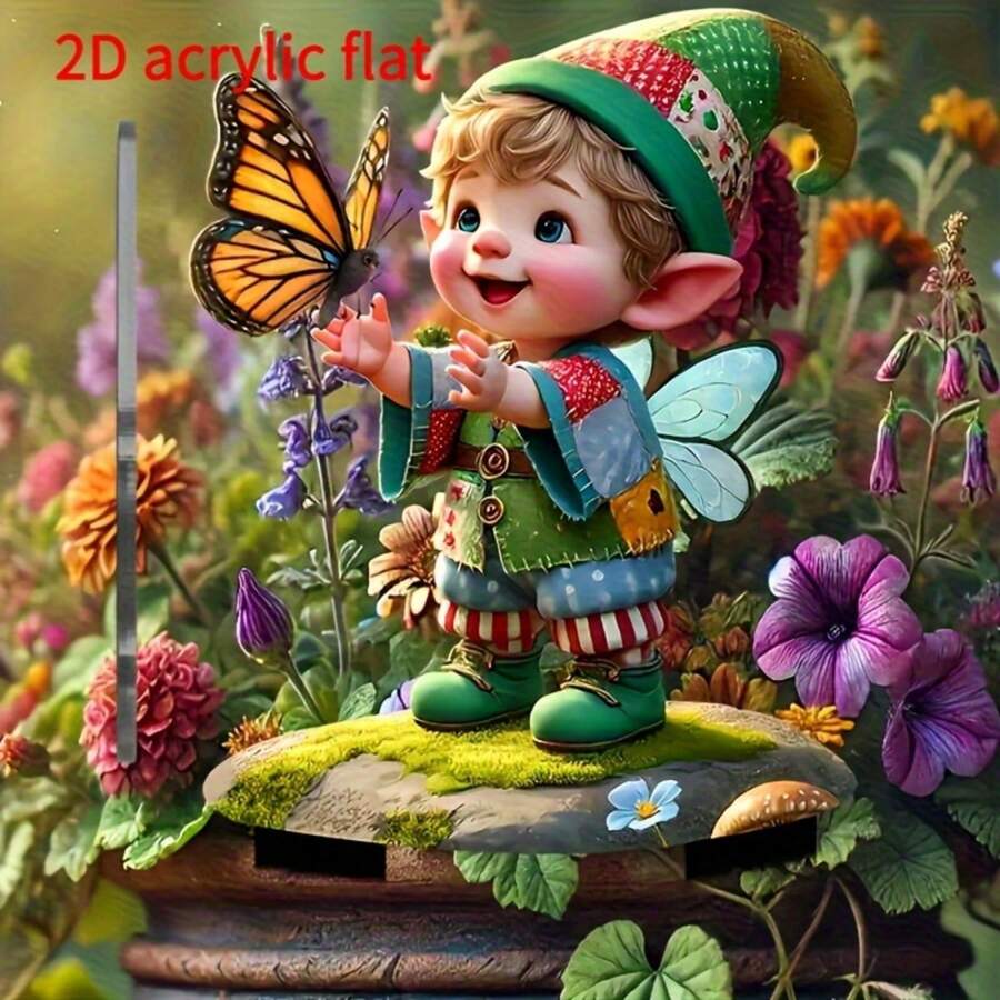 1 pièce Piquet de jardin en acrylique plat 2D, représentant un gnome imaginatif et un papillon - décoration extérieure vibrante pour les jardinières, les patios et les pelouses - imperméable et résistant aux rayures - cadeau de vacances parfait pour la famille et les amis, décoration de jardin, style aléatoire 2D plat
