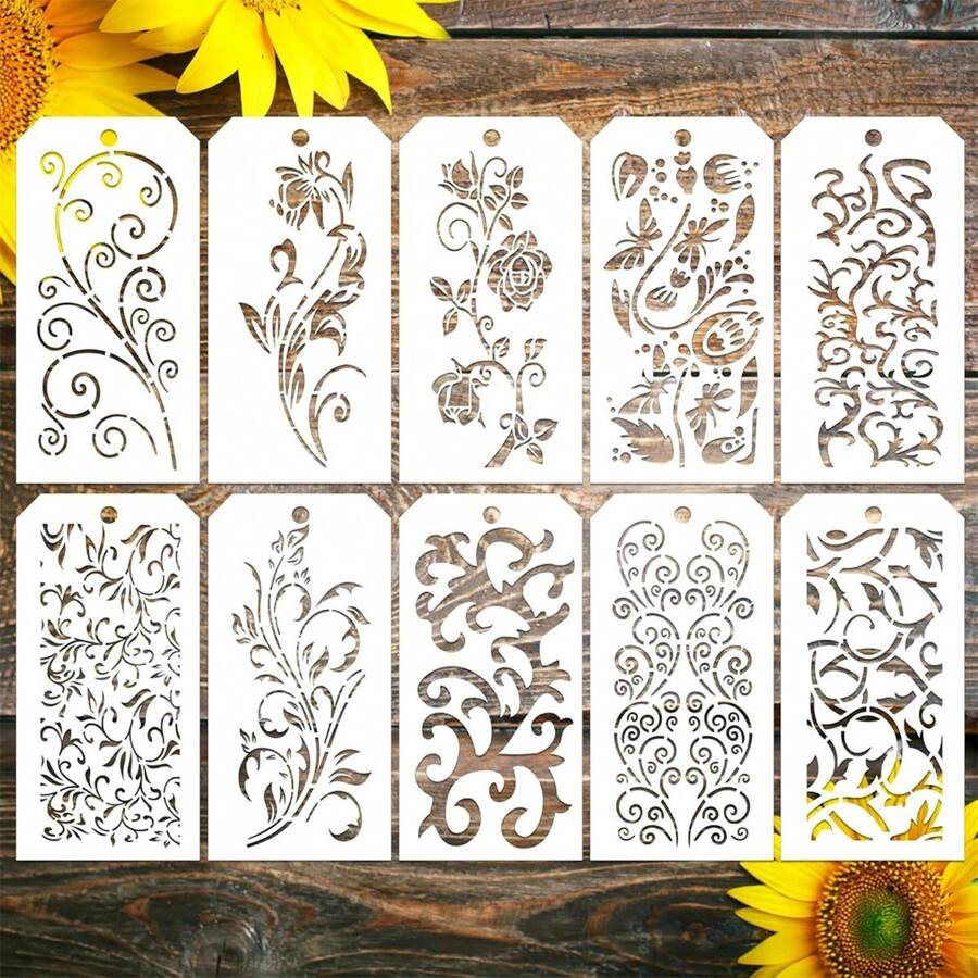 10Pcs Flower Stencils For Painting Reusable Crafts Drawing Stencils For Painting On Wood, Wall, Furniture