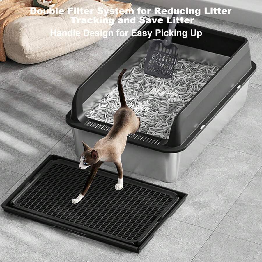 Pet Supplies Pet Stainless Steel Cat Litter Box With Lid Large Litter Box For Big Cats Non-Stick Stainless Steel Cat Boxes High Sides, Kitten Metal Boxes, Anti-Leakage, Easy To Clean Black 6''Deep