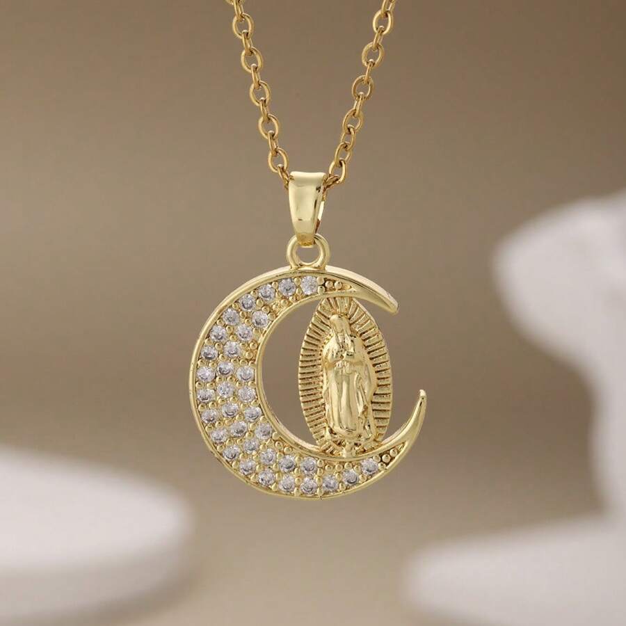 Colar com pingente oval elegante e criativo de zircônia cúbica microincrustada da Virgem Maria, acessório religioso minimalista de aço inoxidável, adequado para mulheres, casamentos, festas e uso diário
