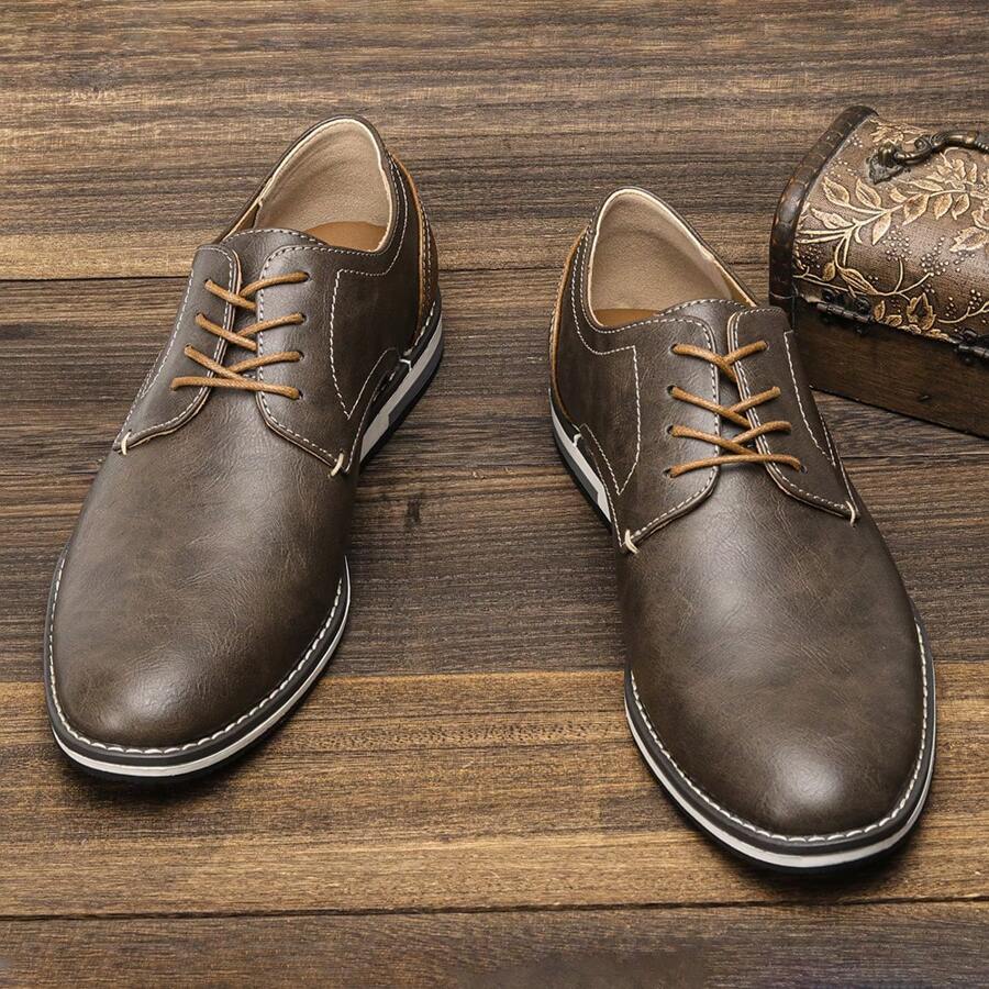 Men's Business Casual Shoes, Color Block Leather Upper, Retro Derby Shoes, KD4163 White Stitching