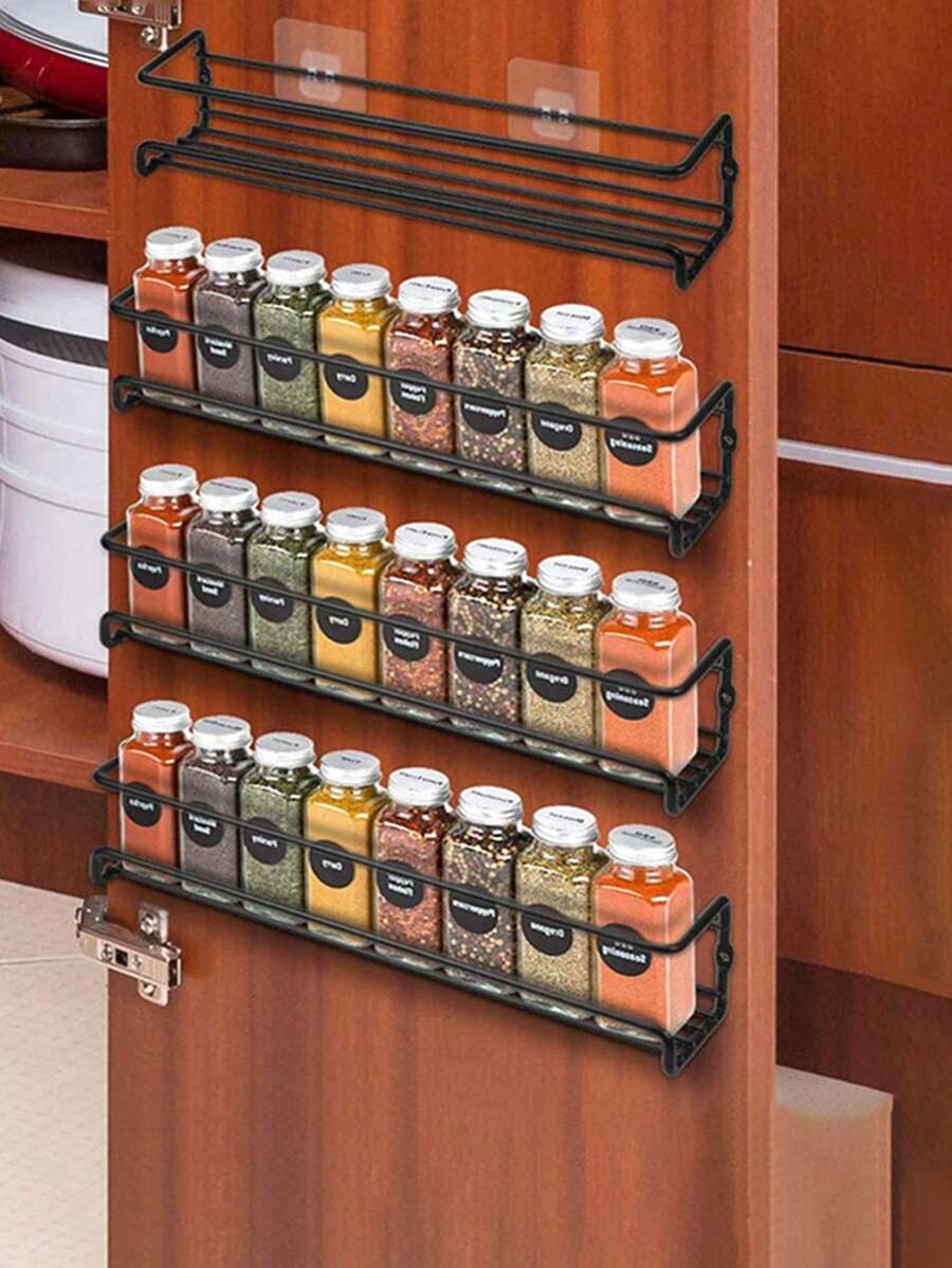 1 pièce/2 pièces/4 pièces Support à épices en fer robuste, emballé dans une boîte noire, support mural ou de porte d'armoire pour ranger herbes et épices, organiseur mural multifonctionnel pour la cuisine et la salle de bain