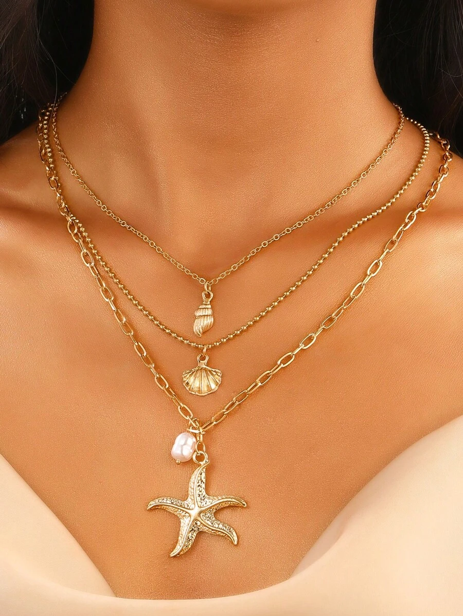 1 Piece Multi-Layer European And American Fashion Niche Three-Layer Starfish Faux Pearl Pendant Necklace Bohemian Holiday Accessory Suitable For Women To Wear On Summer Beach Vacations