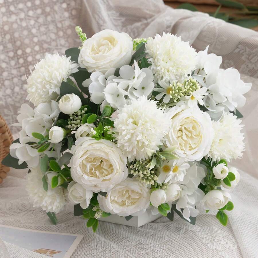 3 Buquês Artificial de Peônia, Hortênsia e Crisântemo, Flores Artificiais de Toque Real, Buquê de Mão para Noivas, Decoração para Casa e Escritório, Arranjos Florais Artificiais Centrais, Decoração de Jardim Externo, Casamento, Aniversário, Chá de Panela