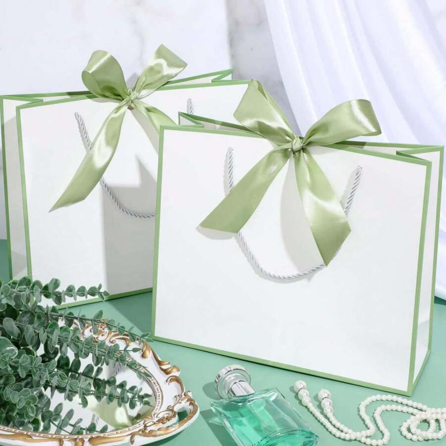 2 pezzi/12 pezzi Eleganti borse regalo con fiocchi e nastri - borse in carta bianca di grande capacità, adatte per Ognissanti, Ringraziamento, Natale, Capodanno, matrimonio, compleanno, borse di shopping di colore solido semplice, piccole imprese, festa per la doccia nuziale, festa di benvenuto a casa, forniture per feste di vacanza